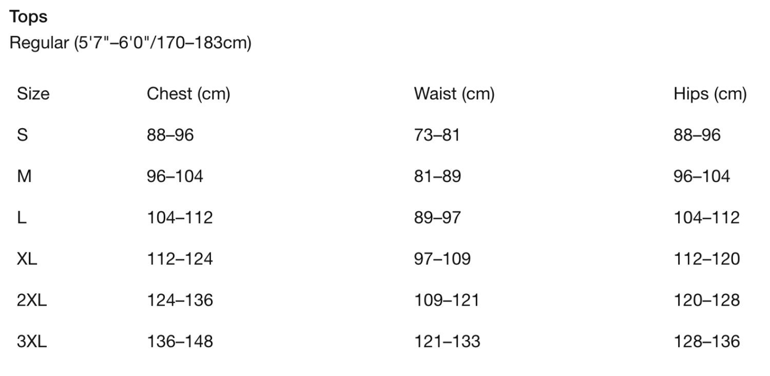 Nike size chart men upper body